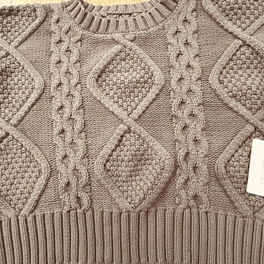 Anthropologie Line + Dot Jasper Fringe Sweater Oversized Gray Cable Knit Boho L